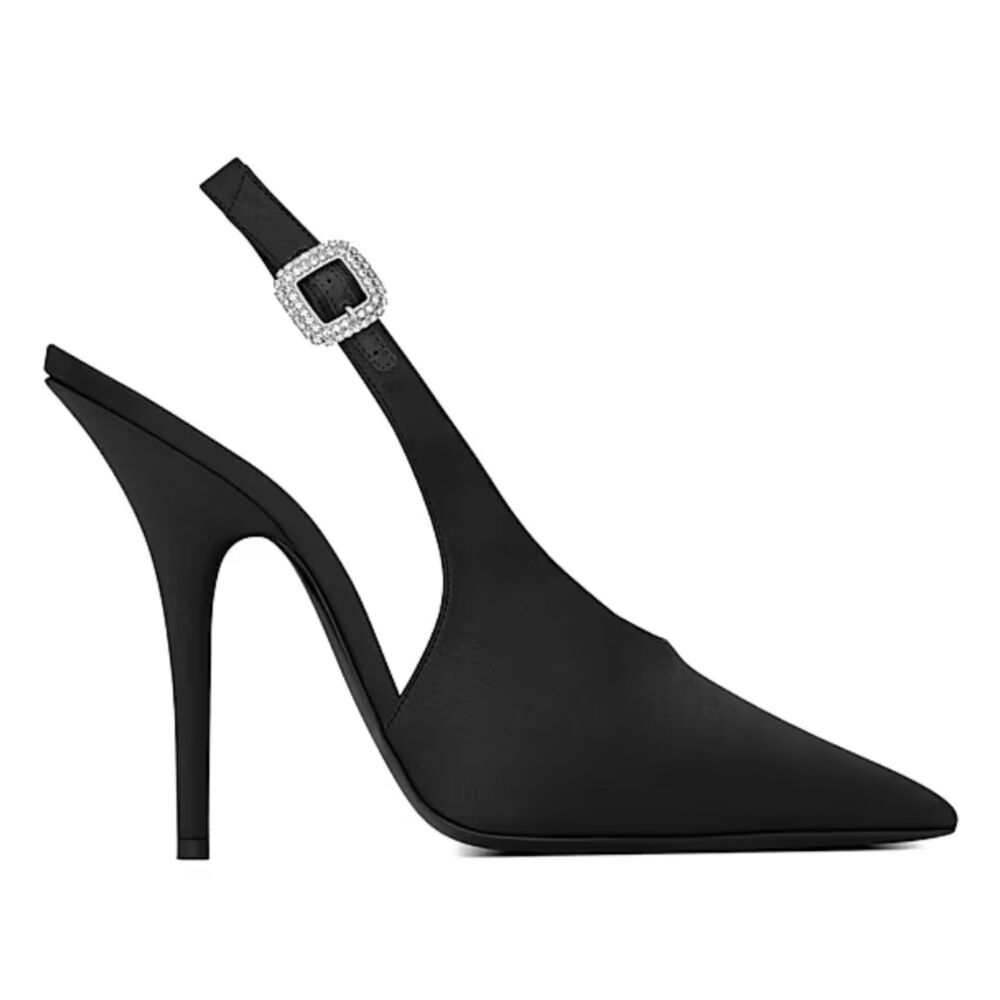 Saint Laurent Yasmeen Silk Satin Slingback Pumps Black Crystal Size IT 37 US 7